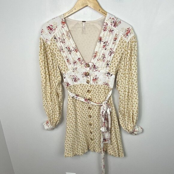 Free People Wonderland Mini Dress Button Down Tie Waist Floral Size XS Bohemian - Picture 14 of 16